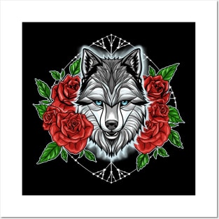 Wolf and red rose Posters and Art